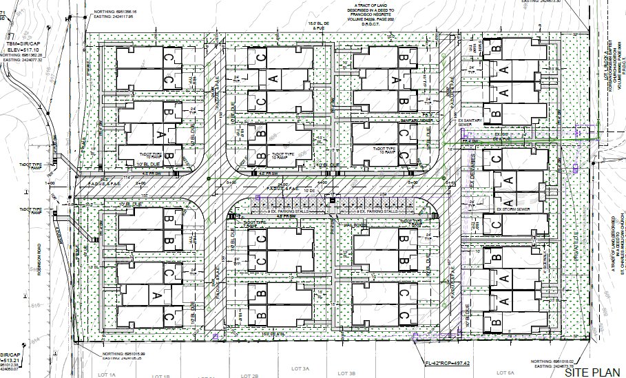 Grand Prairie Townhomes site plan showing 15 buildings