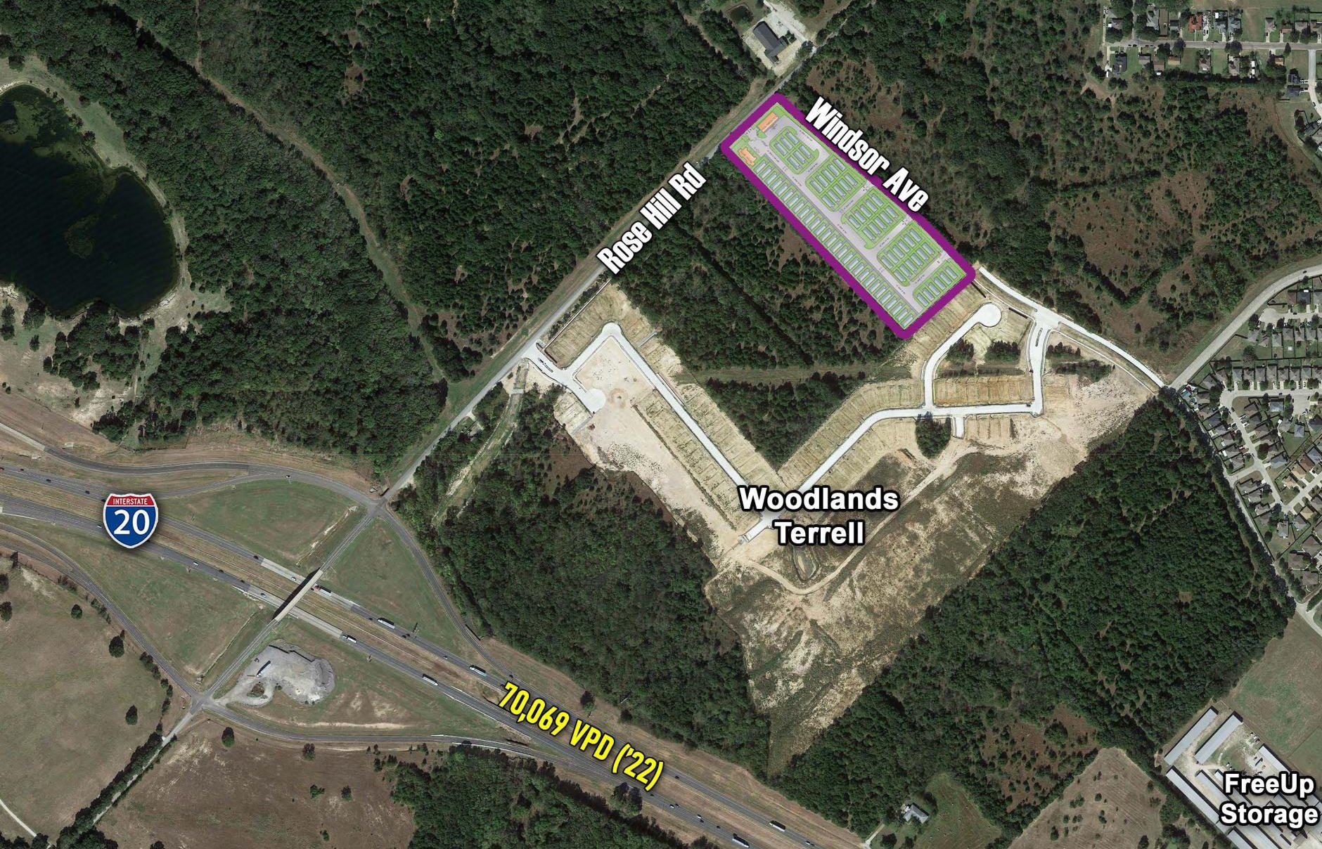 Aerial view of the Windsor Senior Homes site at Rose Hill Rd and Windsor Ave, Terrell